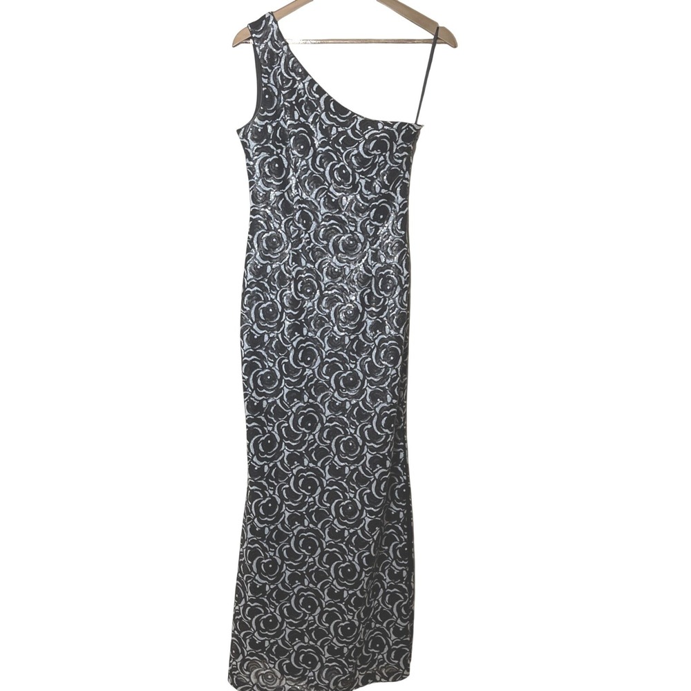 KARL LAGERFELD One-Shoulder Gown Long Dress Size 4 Side Slit Sequin Floral Gala